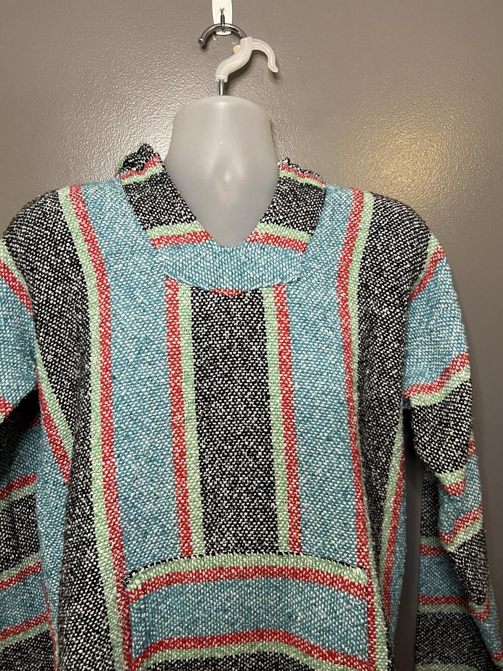 Vintage Focus Sweater Mens Large Hooded Baja Pullover Striped Knit Mexico